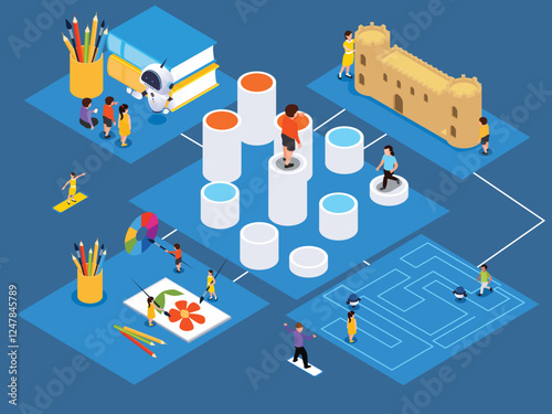 Education and Learning Concept with Kids Engaged in Various Activities 3d isometric vector illustration