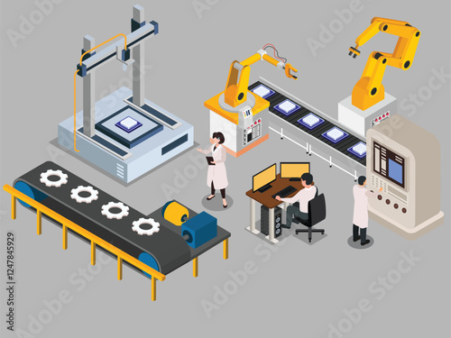 Smart Factory with Industrial Automation and Robotics 3d isometric vector illustration