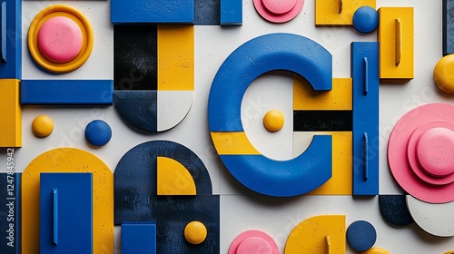 Abstract geometric shapes and letter C in blue, yellow, pink, and black.