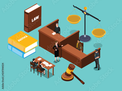 Courtroom Scene with Judge, Lawyer, and Justice Symbols 3d isometric vector illustration