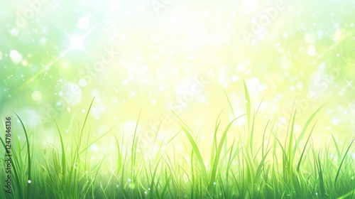 Spring Meadow Sunrise Lush green grass, sparkling bokeh background, ideal for springtime greetings