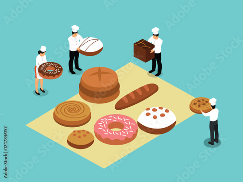 Bakery Scene with Pastry Chefs and Assorted Baked Goods 3d isometric vector illustration