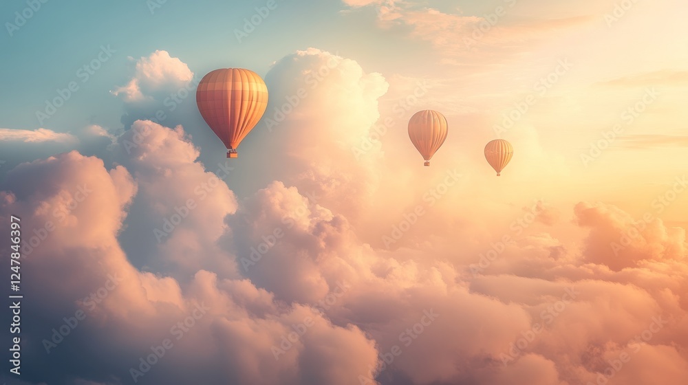 Fototapeta premium Sunset hot air balloons soaring above fluffy cloudscape