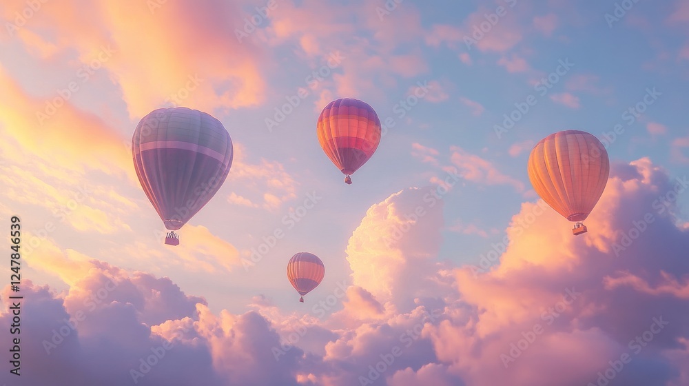 Fototapeta Colorful hot air balloons soar above sunset cloudscape (1)