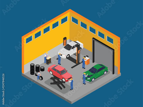 Car Repair Garage with Mechanics Working on Vehicles 3d isometric vector illustration