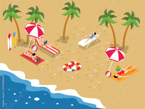 Beach Scene with People Relaxing Under Umbrellas 3d isometric vector illustration