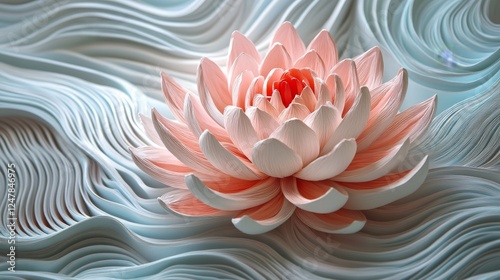 16121056 107 107.A visually captivating 3D paper lotus, with its petals unfolding in an abstract pattern, creating a sense of movement and depth as the layers of textured paper interweave and form a