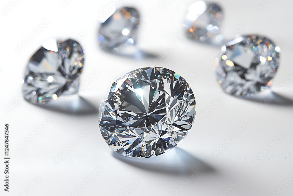 A collection of sparkling diamonds displayed on a reflective surface. A collection of sparkling diamonds displayed on a reflective surface.