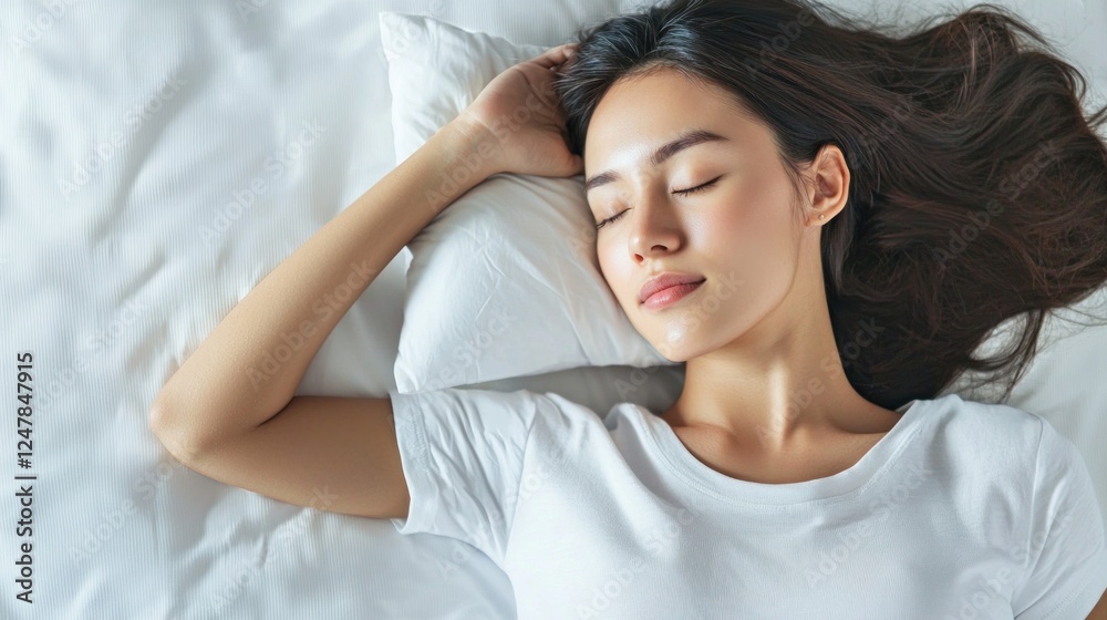 Young Woman Sleeping Peacefully on Soft White Bedding in Bright Room Young Woman Sleeping Peacefully on Soft White Bedding in Bright Room