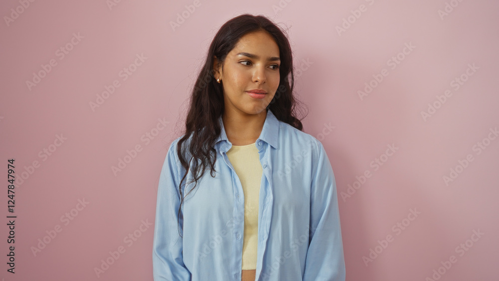 Young woman with brunette hair in casual clothing, standing against an isolated pink background, showcasing beauty and confidence. Young woman with brunette hair in casual clothing, standing against an isolated pink background, showcasing beauty and confidence.