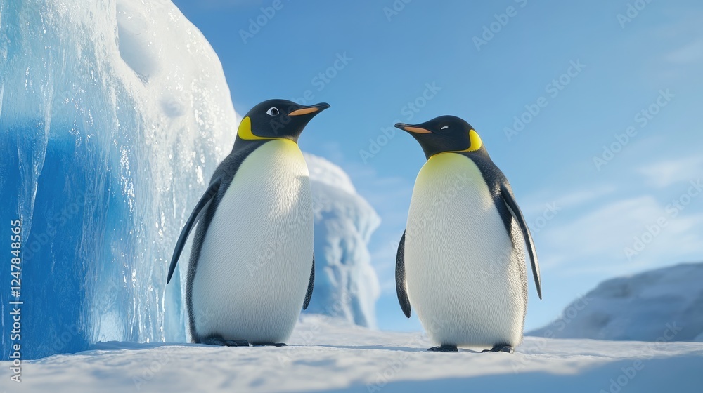 Naklejka premium Two Emperor Penguins Stand Near An Iceberg