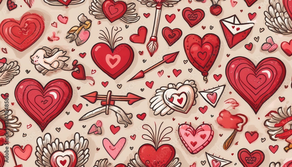 Fototapeta premium Cute Minimalist Valentine’s Day Icons Pack Featuring Hearts, Cupid Arrows, Love Letters, and Roses for Digital Stickers and Social Media Designs