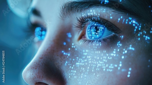 Futuristic Biometric Scanner Overlay A Person's Face with Binary Numbers, High-Tech Security, Digital Identity Verification, Advanced Facial Recognition, Next-Generation Authentication