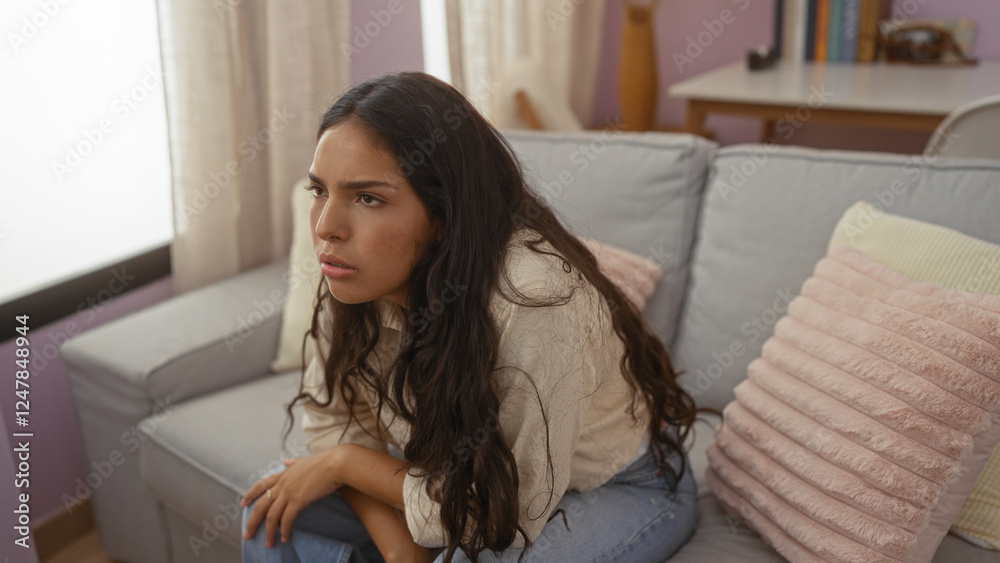 Young woman sits on a couch in a cozy living room with a pensive expression, surrounded by decorative pillows and soft lighting Young woman sits on a couch in a cozy living room with a pensive expression, surrounded by decorative pillows and soft lighting
