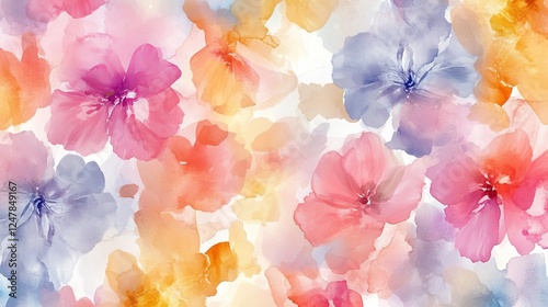 16121056 65 65.A beautiful, flowing watercolor floral pattern with transparent washes and gentle splashes of color, capturing the essence of summer flowers in an abstract, unfinished style.