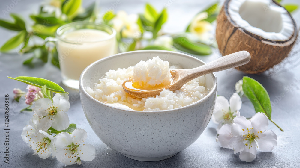 delightful bowl of coconut sticky rice garnished with flowers and coconut delightful bowl of coconut sticky rice garnished with flowers and coconut