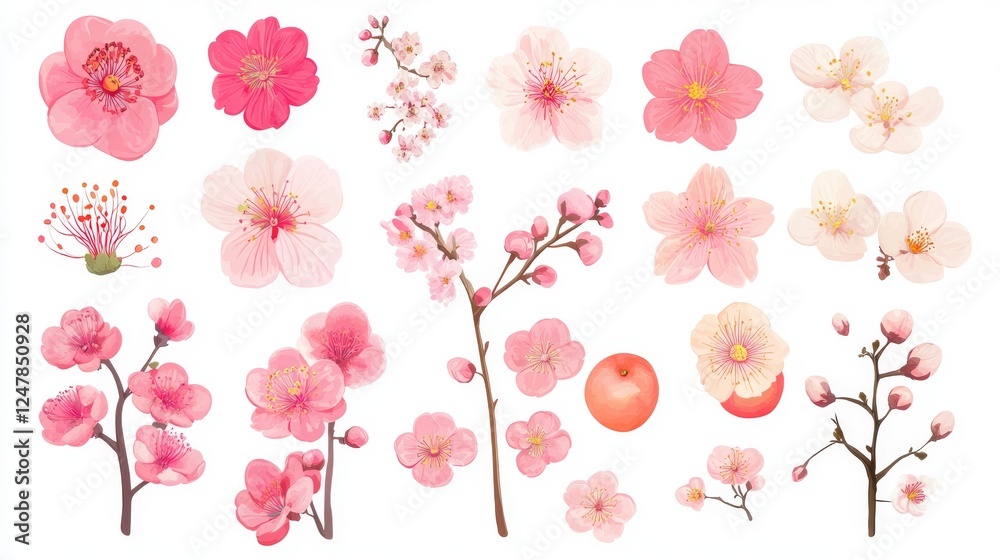 Obraz premium 16121056 37 37.Sakura, cherry, plum, apricot, peach, apple blossoms, flowers, floral design elements collection, clipart set, isolated on white. Flat style vector illustration. Spring promotion sale