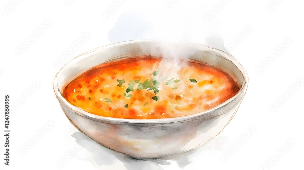 Watercolor painting of a bowl filled with steaming tomato soup Watercolor painting of a bowl filled with steaming tomato soup