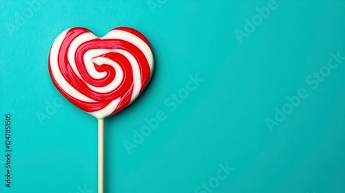 Heart-Shaped Lollipop with Red and White Swirls Against a Blue Background
