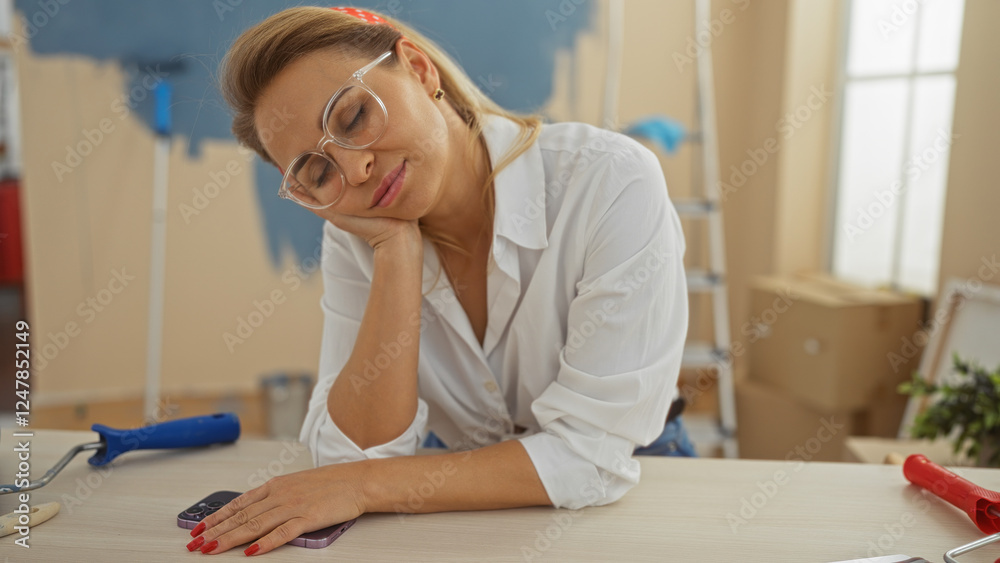 Woman resting on table in newly painted room surrounded by moving boxes and tools, embodying youthful charm and tranquility in domestic setting. Woman resting on table in newly painted room surrounded by moving boxes and tools, embodying youthful charm and tranquility in domestic setting.