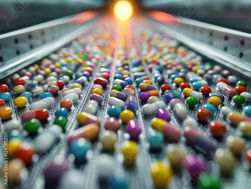 High-Resolution Image of a Large-Scale Pharmaceutical Factory Mass Production of Pills on Conveyor Belts, showcasing the intricate drug manufacturing line and industry processes Witness the journey photo