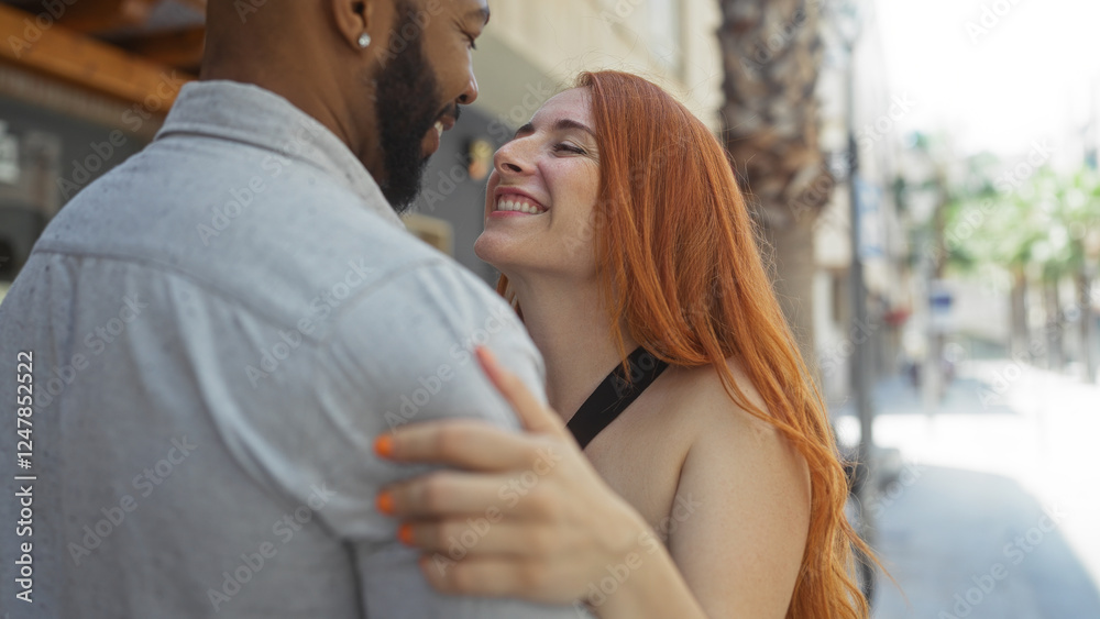 Interracial couple enjoying happy moments together on a sunny urban street, capturing love and romance in their relationship. Interracial couple enjoying happy moments together on a sunny urban street, capturing love and romance in their relationship.