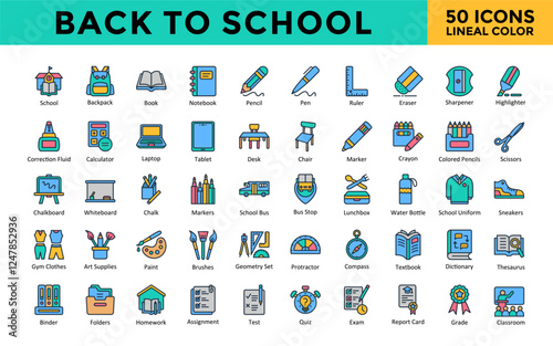 Back to School icon set with school, backpack, book, notebook, pencil, pen, ruler, eraser, sharpener, highlighter icon. Simple lineal color vector 
