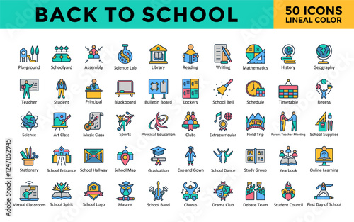 Back to School icon set with playground, schoolyard, assembly, science lab, library, reading, writing, mathematics, history, geography, education icon. Simple lineal color vector 
