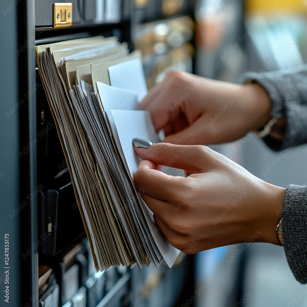 Obraz premium High-resolution image of hands carefully selecting documents from a filing cabinet, showcasing meticulous organization and archival processes The image depicts a professional working with paper