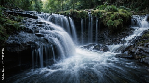 A flowing waterfall, transforming into galaxies as it cascades, represents inner vision, emotions, and universal connection.