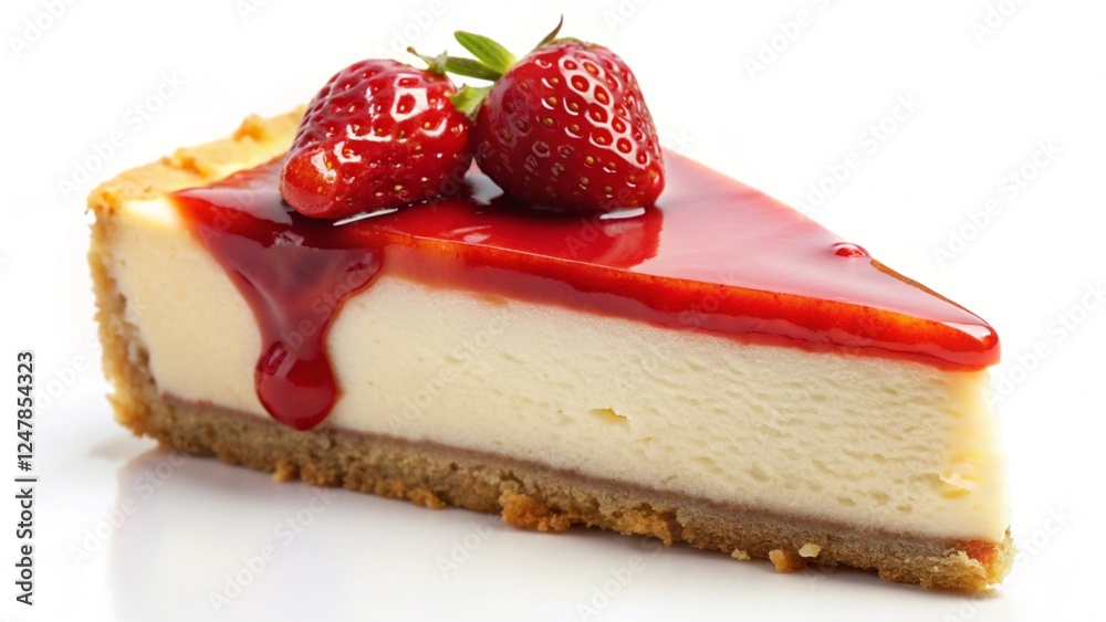 slice of cheesecake with red strawberry topping isolated on white backgrund slice of cheesecake with red strawberry topping isolated on white backgrund