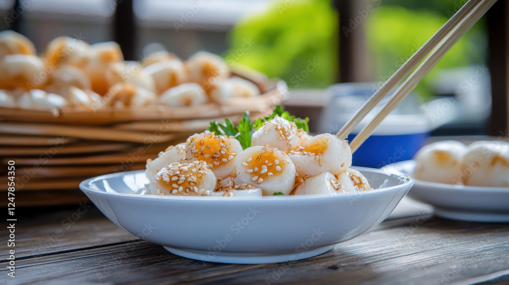 delightful plate of lotus root with sesame seeds, garnished with herbs, served with chopsticks delightful plate of lotus root with sesame seeds, garnished with herbs, served with chopsticks