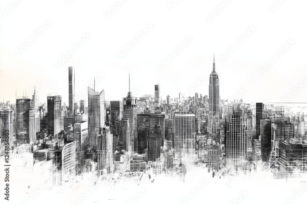 Naklejka premium Panoramic view of a contemporary city skyline with artistic sketch effect enhancements