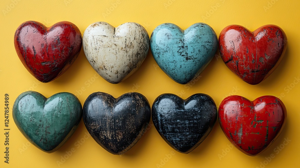 Fototapeta premium A celebratory top view image capturing the essence of Juneteenth with hearts in red, green, and black on a vibrant yellow backdrop, perfect for social media posts or ads.