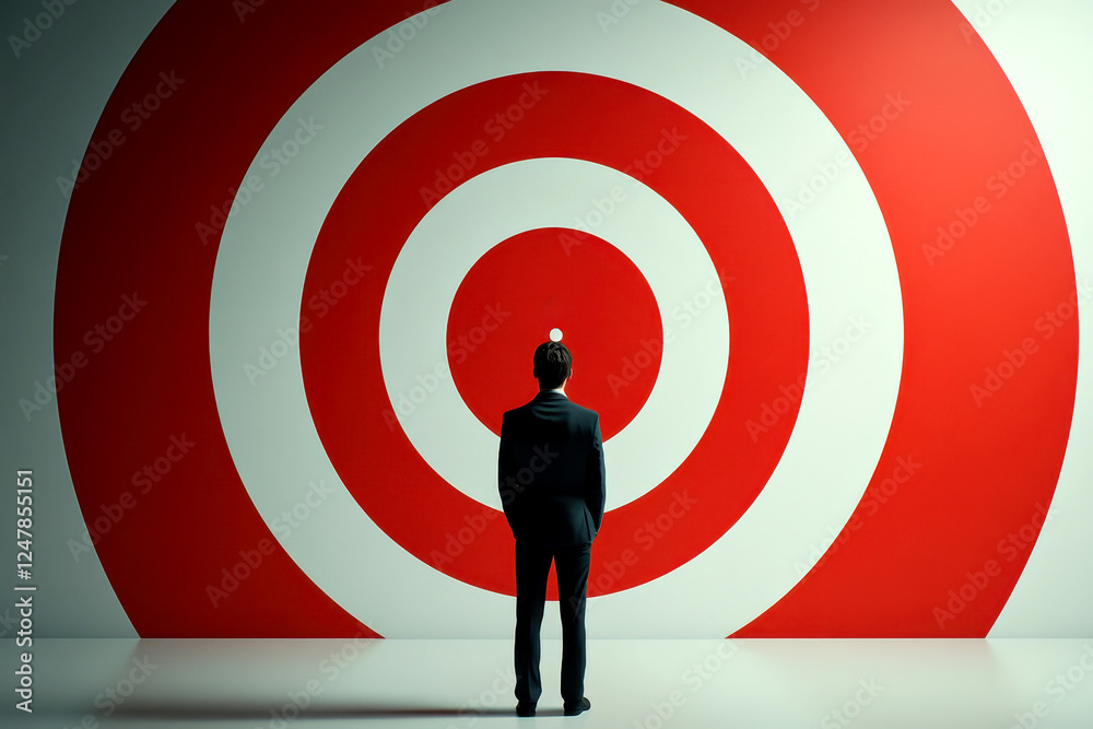 business man standing on Red and white target with on goal against a dart background . goal business concept. business man standing on Red and white target with on goal against a dart background . goal business concept.