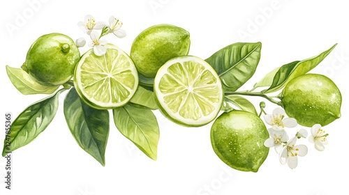 Watercolor painting depicts fresh limes with blossoms and leaves