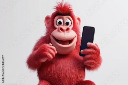 Happy Red Orangutan Using a Smartphone photo