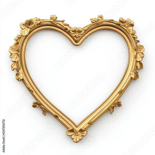 A heart-shaped picture frame ornament with a delicate golden border, on isolated white background