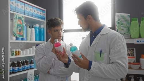Two hispanic men pharmacists in a pharmacy shop examining colorful medication bottles together