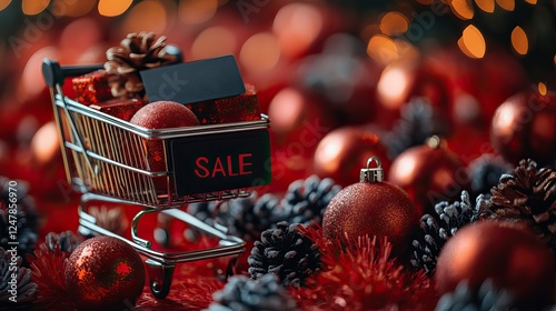 Wallpaper Mural A creative Black Friday sale concept with black sale tags, a mini shopping cart and festive decorations on a vibrant red background. Torontodigital.ca