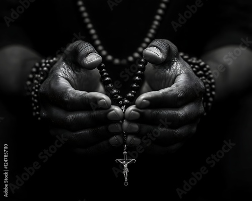 Hands holding rosary, prayer, dark background