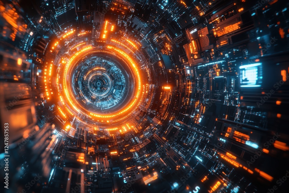 custom made wallpaper toronto digitalQuantum AI Processor Ultra-Secure Computing Visualized Binary Data Orbits Encircling a Futuristic Quantum Computer Core, Representing Advanced Encryption and Data Processing in the Realm of