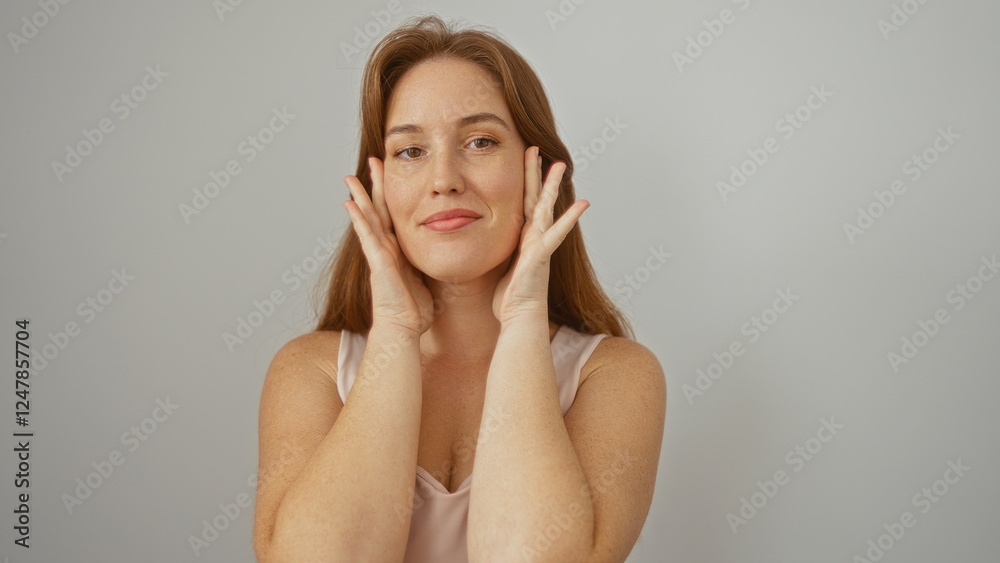 Woman touching face expressing confidence and tranquility on isolated white background showing beauty and youthful redhead charm with contemporary style and natural elegance Woman touching face expressing confidence and tranquility on isolated white background showing beauty and youthful redhead charm with contemporary style and natural elegance