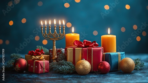 A festive Hanukkah scene featuring a menorah, dreidels, and a present on a blue background. Celebrate tradition with this vibrant and colorful holiday setup, perfect for sharing with loved ones. photo