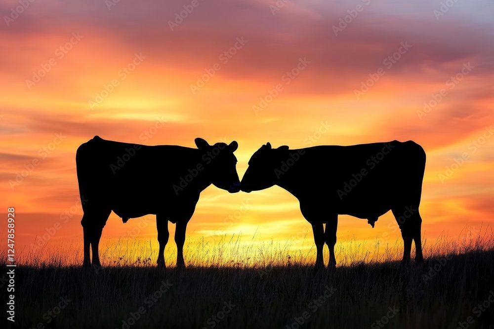 Cows grazing peacefully under a vibrant sunset sky in a serene pastoral landscape Cows grazing peacefully under a vibrant sunset sky in a serene pastoral landscape