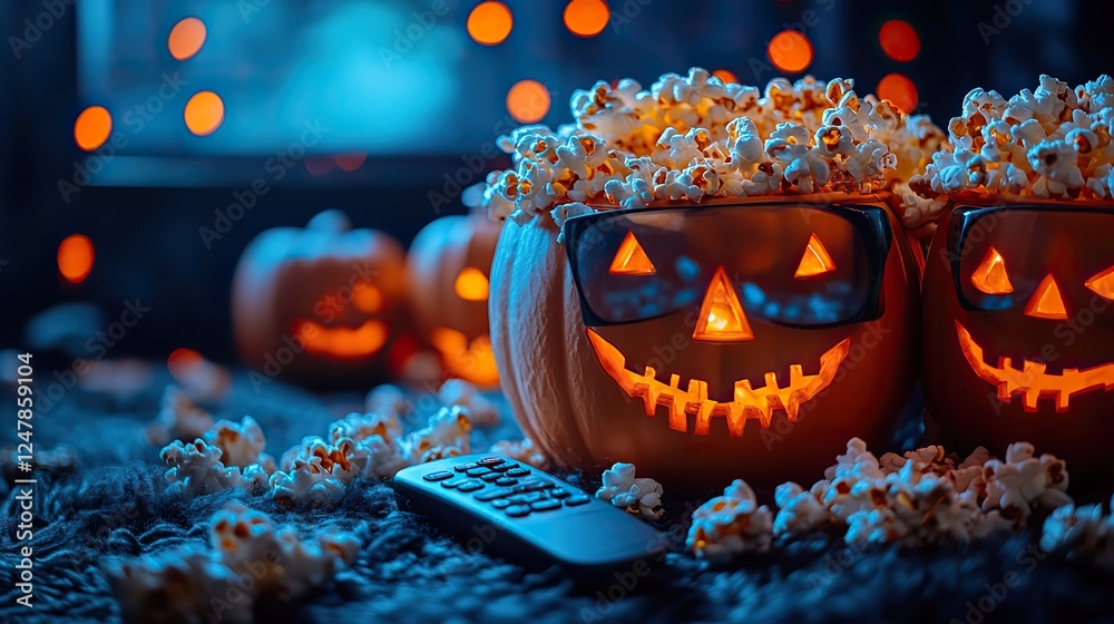 Naklejka premium A Halloween-themed movie night setup with popcorn, a remote control, spooky decorations, and 3D glasses on a dark background, ready for a scary movie marathon.