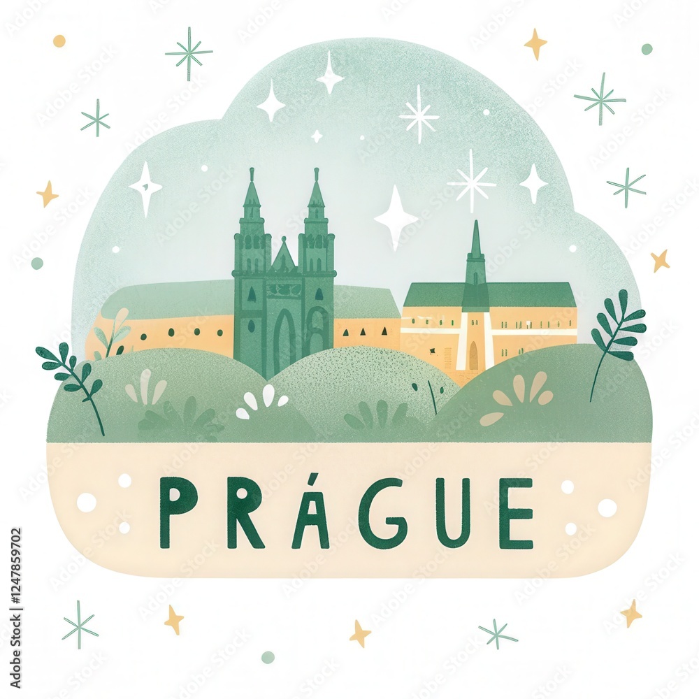 Obraz premium Prague Cityscape Illustration: A charming illustration of Prague's iconic skyline, featuring its majestic cathedrals nestled amongst rolling hills, adorned with twinkling stars and delicate foliage.