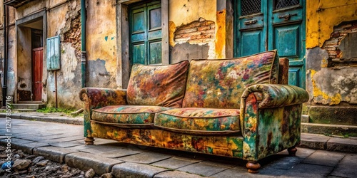 Abandoned Sofa Street Photography, Old Furniture Curbside, Vintage Couch Urban Decay, Weathered Sofa Outdoor Portrait photo