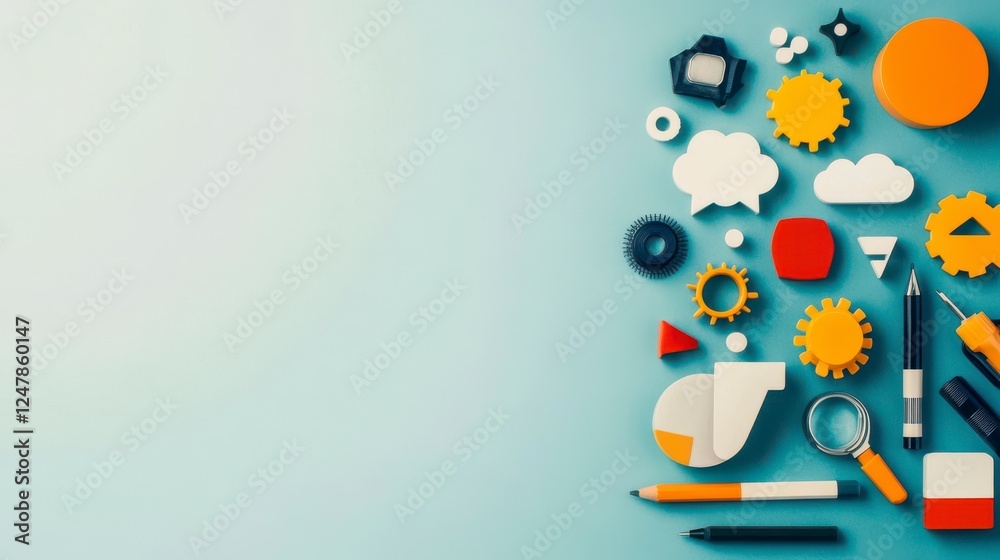 Colorful Miniature Objects And Stationery On Light Blue Background Colorful Miniature Objects And Stationery On Light Blue Background