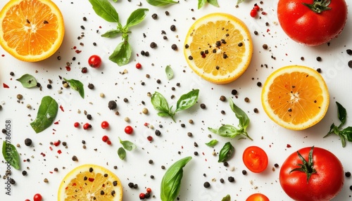 Vibrant Citrus Fruits and Organic Vegetables Ready for Farm-to-Table Cooking Fresh Oranges, Tomatoes, and Basil, Perfect for Healthy Recipes, Seasonal Ingredients, Locally Sourced Produce